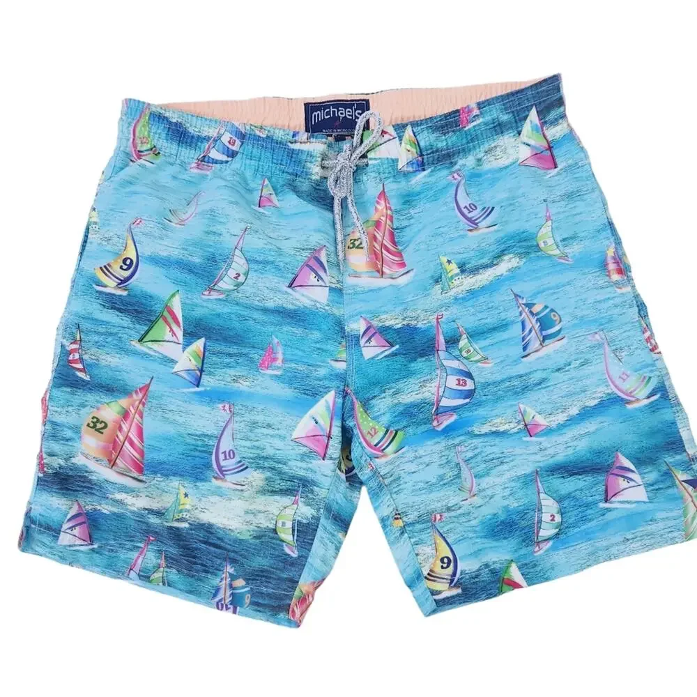 New Michael's Swim Trunks Large, Sailboat Sailing Print Blue, Lined Swim Trunks